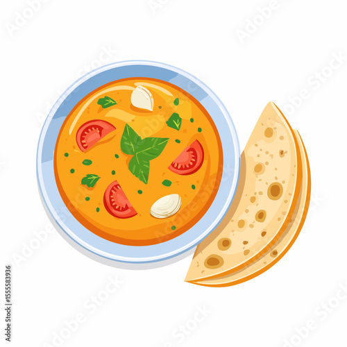A vibrant bowl of tomato and basil soup or vegetable curry served with a side of warm flatbread. Healthy and delicious meal concept illustration.