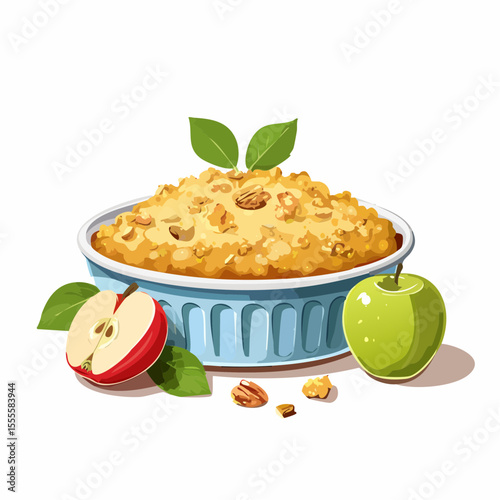 Delicious homemade apple crumble with a crunchy oat and pecan topping, served with fresh red and green apples