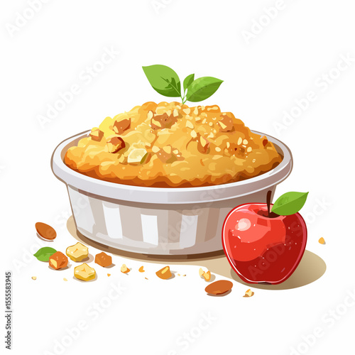 Delicious homemade apple crumble with a nutty topping in a baking dish, served with a fresh red apple. Vector illustration.