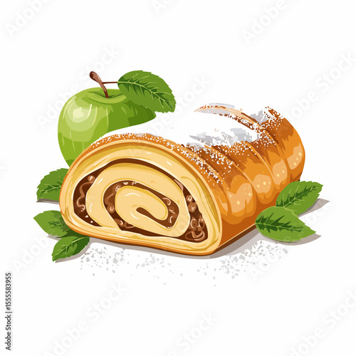 A delicious slice of traditional apple strudel with powdered sugar, a fresh green apple, and mint leaves, isolated illustration