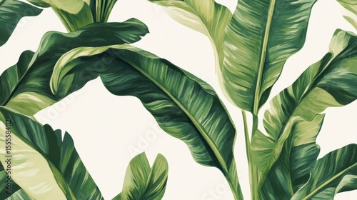 Lush green banana leaves pattern on white background. (1)