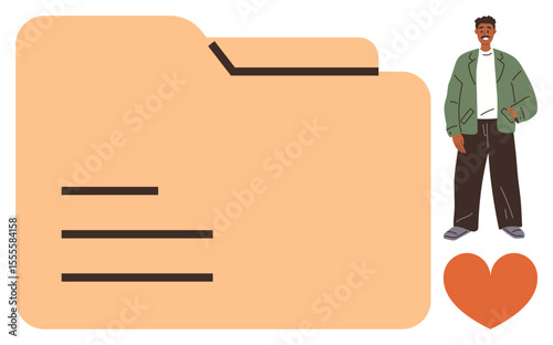 Giant file folder with lines representing text, smiling individual in casual attire, red heart symbolizing care, connection. Ideal for organization, teamwork, relationship, personal growth