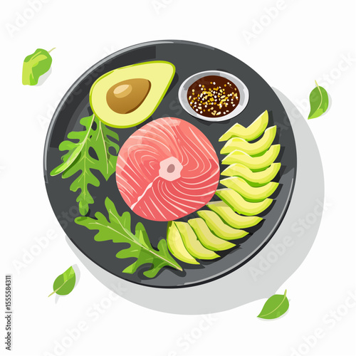 A healthy meal concept with fresh salmon, avocado, and arugula on a plate. Nutritious ketogenic diet food vector illustration.