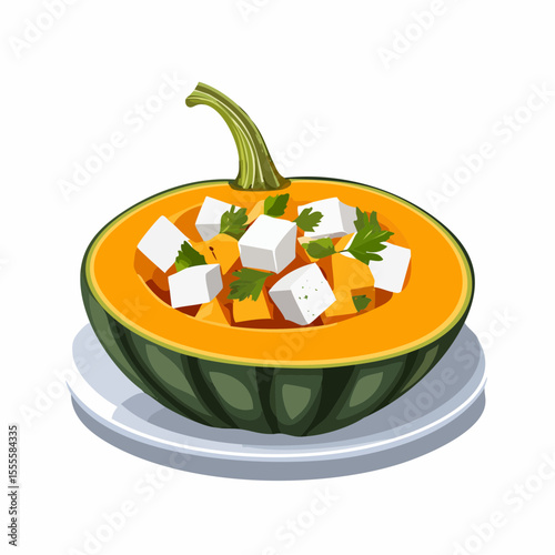 A healthy autumn meal featuring a roasted green squash bowl filled with a salad of diced pumpkin, cheese cubes, and fresh herbs.