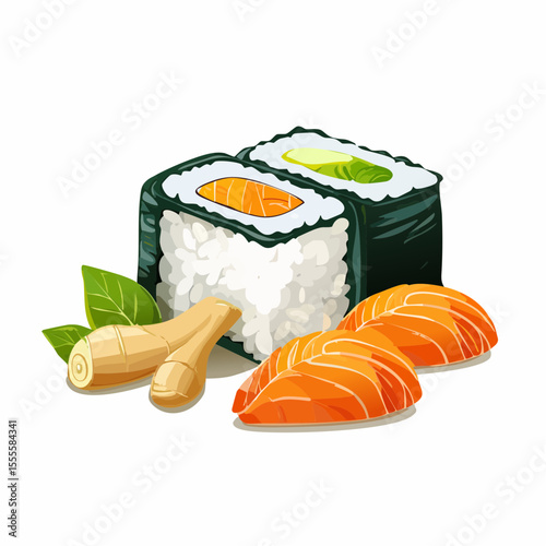 Vector illustration of a Japanese sushi set featuring maki rolls with salmon and avocado, fresh sashimi, and ginger root.
