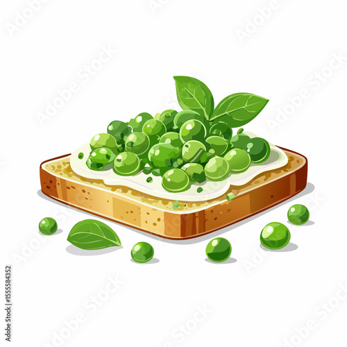 A delicious concept for a healthy vegetarian appetizer, featuring bruschetta with green peas, creamy spread, and basil.