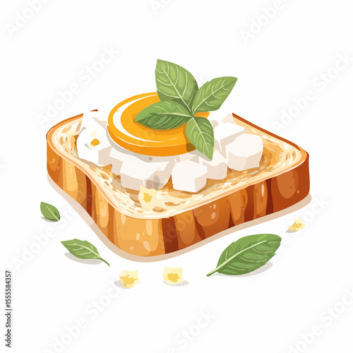 Gourmet breakfast toast topped with a golden egg yolk, crumbled cheese, and fresh basil. A healthy and delicious meal concept.
