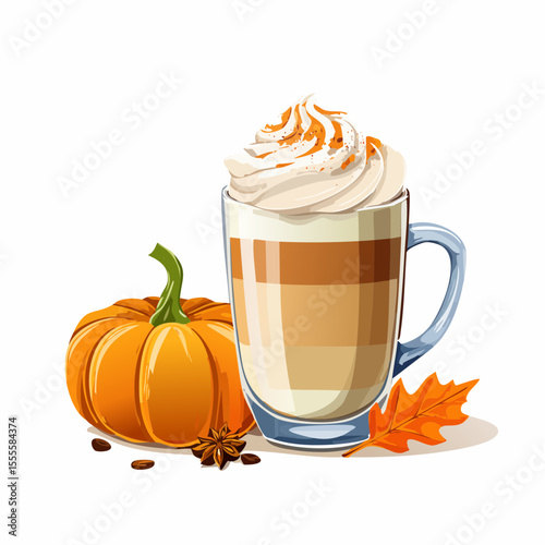 A warm pumpkin spice latte, a cozy autumn beverage in a glass mug with whipped cream, next to a pumpkin and spices.