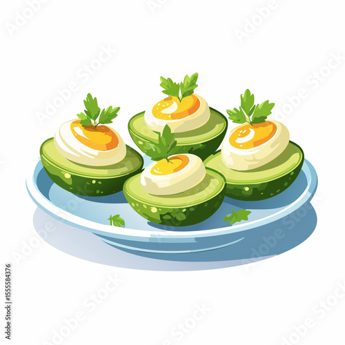 Appetizer of avocado halves stuffed with creamy egg salad and garnished with fresh parsley, a healthy snack concept.