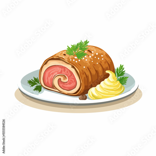 Gourmet baked meat roulade served on a plate with fresh parsley and a creamy mustard sauce, a classic savory dinner dish