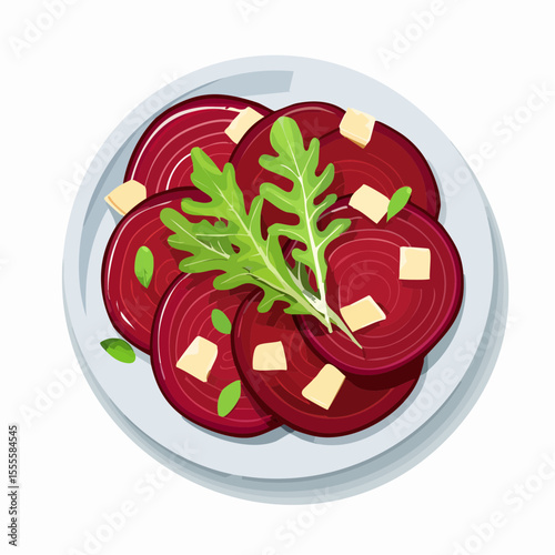 Gourmet vegetarian appetizer of sliced beetroot carpaccio with fresh arugula and cheese, a concept of healthy eating.