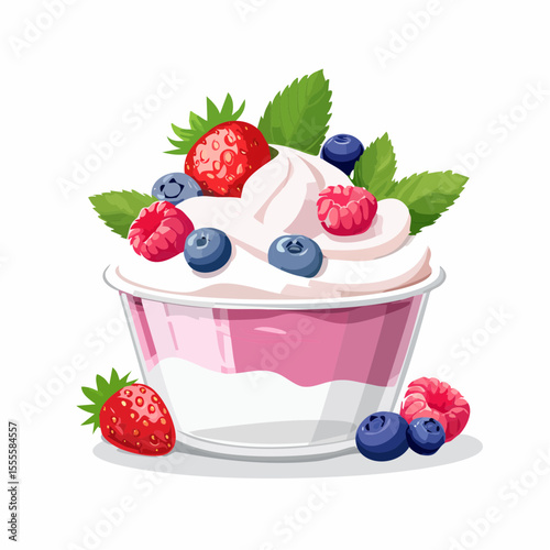 A delicious cup of creamy yogurt topped with fresh mixed berries like strawberries, blueberries, and raspberries, garnished with mint leaves.