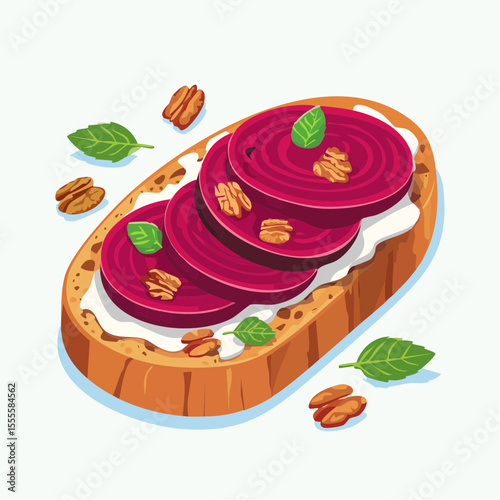 Gourmet bruschetta with sliced beetroot, creamy cheese, and pecans. A healthy and delicious vegetarian appetizer.