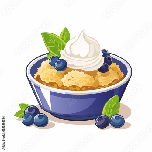 A delicious homemade blueberry crumble dessert in a bowl, a sweet and tasty pastry with whipped cream and fresh mint.
