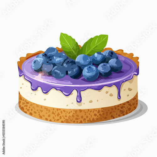 A delicious homemade blueberry cheesecake with a dripping purple glaze and garnished with fresh mint.