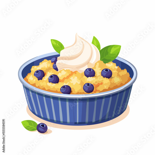 A delicious bowl of oatmeal porridge topped with fresh blueberries, a swirl of cream, and mint leaves in a blue ceramic dish.