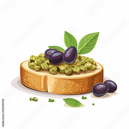 Gourmet Italian bruschetta appetizer with black olives, savory tapenade, and fresh basil. A delicious illustration of a classic Mediterranean snack.