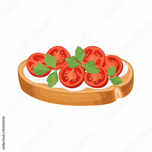 Gourmet toast with sliced cherry tomatoes and fresh herbs on a layer of cream cheese. Healthy Mediterranean diet appetizer concept.