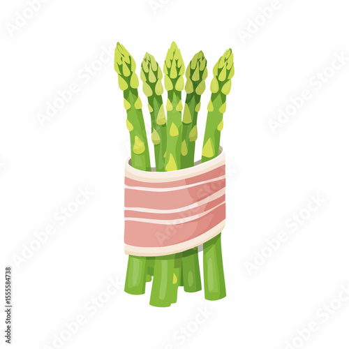 Fresh green asparagus spears wrapped in raw bacon, a gourmet appetizer concept. Vector illustration for cooking and recipes.