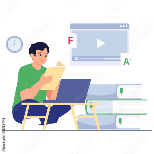 School Learning Illustration. Vector illustration of A male student reviews notes and studies online to improve his academic performance, symbolizing learning from failure. Isolated on background