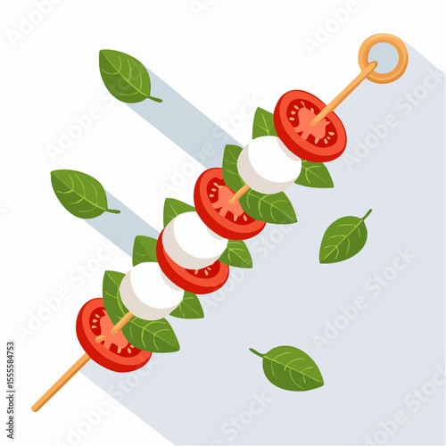 Italian appetizer skewer with fresh cherry tomatoes, mozzarella cheese, and basil leaves. Caprese salad concept in flat design style.