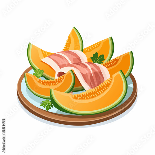 Classic Italian appetizer of fresh cantaloupe melon slices wrapped with cured ham, a gourmet sweet and salty dish.