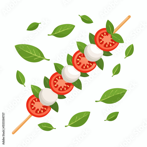 Fresh Caprese salad skewer with cherry tomato, mozzarella, and basil. A classic Italian appetizer on a white background.