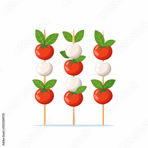 Classic Italian Caprese skewers on a stick. Fresh appetizer with tomato, mozzarella, and basil. Flat vector food illustration isolated on white.