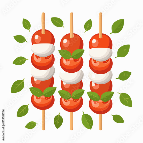 Vector illustration of fresh Caprese salad skewers. A healthy Italian appetizer with cherry tomatoes, mozzarella, and basil.