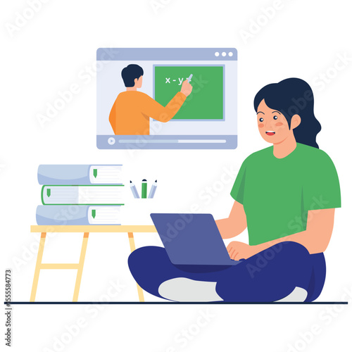 School Learning Illustration. Vector illustration of A girl attends a virtual math class and takes notes using her laptop, reflecting modern online education. Isolated on background