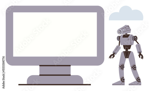 Robot with mechanical limbs next to a blank desktop monitor under a soft cloud. Ideal for AI, technology, robotics, automation, innovation, futuristic concepts, and digital transformation. Simple