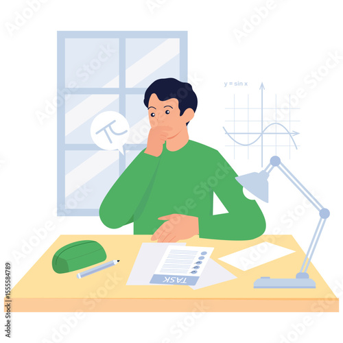 School Learning Illustration. Vector illustration of A student feels confused while solving a math task, illustrating challenges in academic problem-solving. Isolated on background