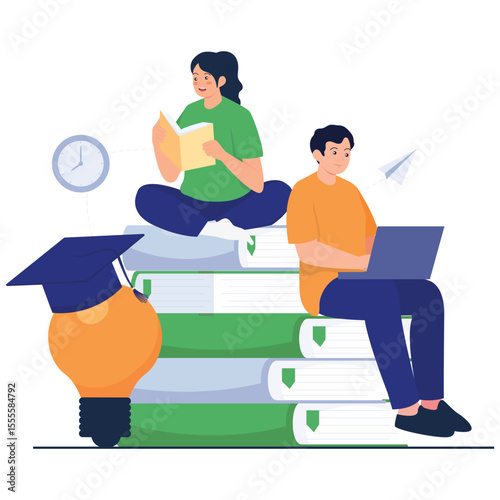 School Learning Illustration. Vector illustration of A boy and girl study together while sitting on stacked books, symbolizing collaborative learning and academic success. Isolated on background