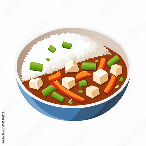 A delicious bowl of vegetarian tofu curry with steamed rice, carrots, and green onions. A classic Asian comfort food meal.