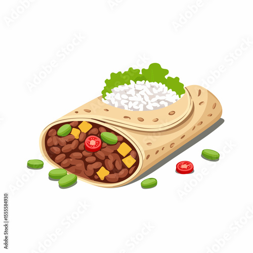 Delicious illustration of a classic Mexican burrito wrap filled with savory minced meat, rice, and fresh vegetables.