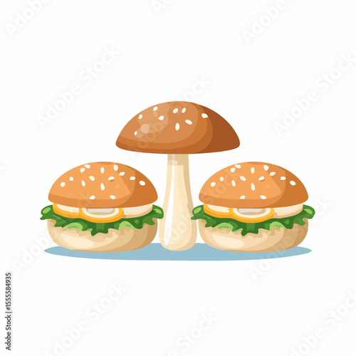 A whimsical illustration of two classic cheeseburgers flanking a large, stylized mushroom, conceptualizing a unique mushroom burger recipe.