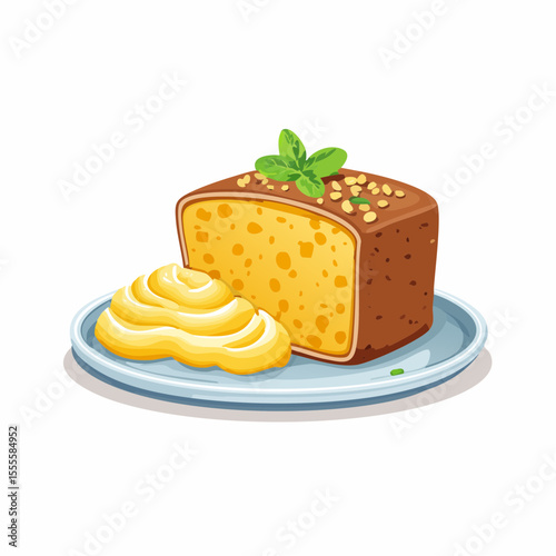 A delightful slice of sponge cake with chocolate icing, chopped nuts, and mint garnish, served with a swirl of cream.
