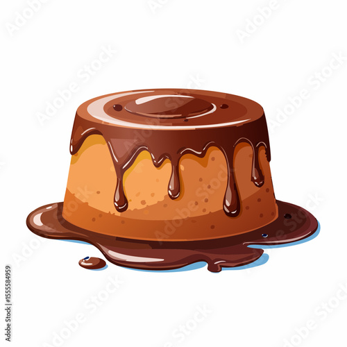 A delectable illustration of a single-serving pudding cake generously covered with rich, dripping chocolate sauce. A sweet and indulgent dessert concept.