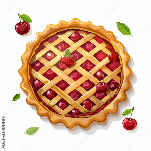 Top view of a traditional homemade cherry pie with a golden lattice crust, decorated with fresh cherries and leaves. A classic dessert illustration.