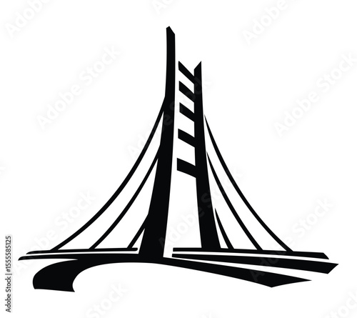 a black silhouette icon of a cable-stayed bridge, perfect for symbolizing connection, infrastructure, and urban development