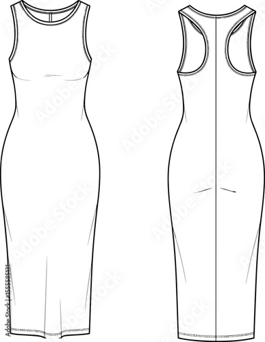 Sleeveless bodycon midi dress, technical fashion flat, front and back view, vector sketch, fitted tank dress outline for apparel design