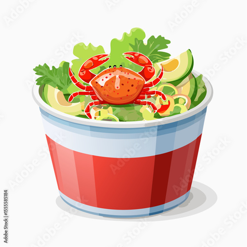 A fresh crab salad with avocado and lettuce greens in a takeaway paper bowl. A healthy seafood meal concept illustration.