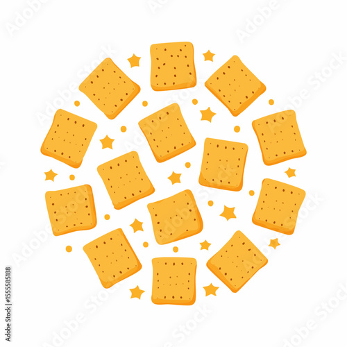 Salty crackers and star shapes arranged in a circular pattern. A flat vector illustration of a crunchy baked snack food isolated on a white background.