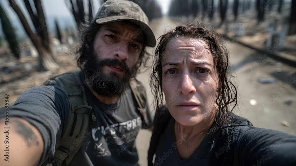 Fototapeta premium Selfie nach Waldbrand – dokumentierte Realität im Klimawandel 