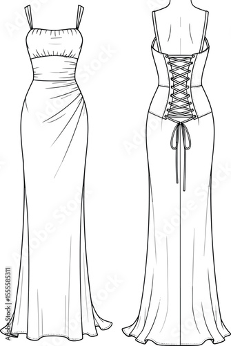 Fashion technical dress sketch, strappy maxi gown front and lace up back, fitted silhouette, vector flat drawing, CAD apparel design illustration