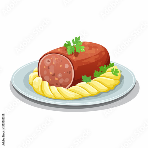 Delicious cooked sausage with creamy piped puree and fresh parsley garnish on a plate. A traditional meat delicacy food illustration.