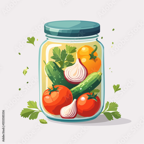 Colorful vector illustration of assorted fresh vegetables preserved in a glass jar. Healthy eating and home canning concept.