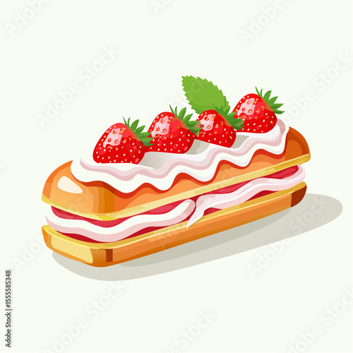 Appetizing strawberry eclair pastry with fresh cream and ripe berries, a delicious dessert illustration.