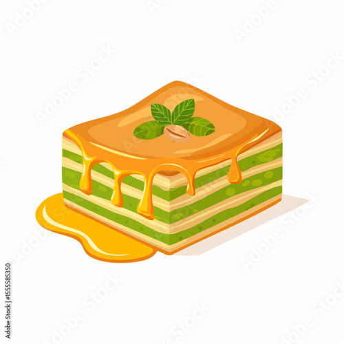 Delectable slice of layered pistachio baklava dessert drizzled with sweet honey syrup and garnished with mint. Vector food illustration.