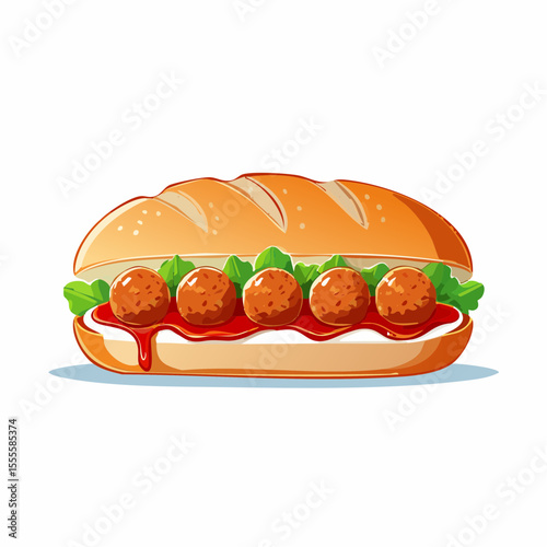 A savory meatball sub sandwich illustration, featuring juicy meatballs in tomato sauce on a sesame bun. Classic Italian-American comfort food.